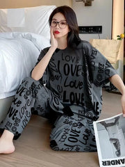 Grey All Over Love Heart Printed Night Suit (KO-NS-507)