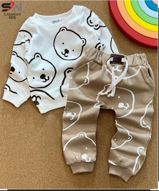 White Cute Bear Printed Kids Track Suit
