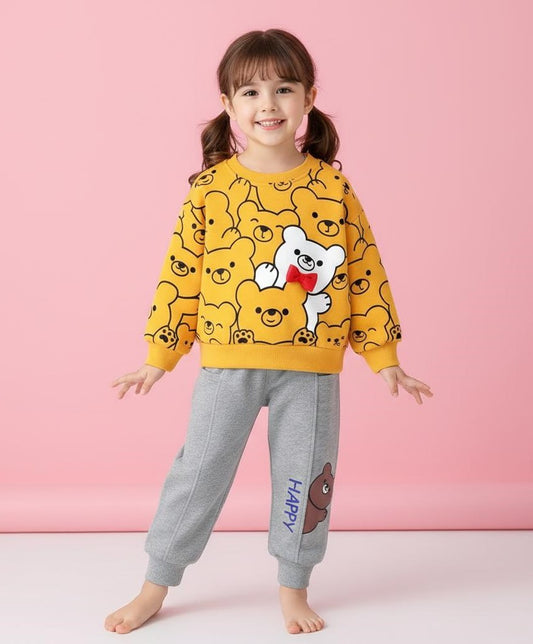 Yellow Bears Print Sweatshirt With Grey Trouser For Kids (KO-KTS-520)