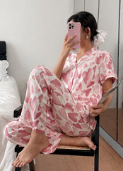 Pink Hearts Printed Half Sleeves V-Neck Button PJ Set