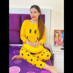 Yellow Smile With Polka Dots Trousers Full Sleeves Night Suit (KO-NS-0012)