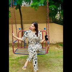 Off White All Over Love Heart Printed Night Suit (KO-NS-505)