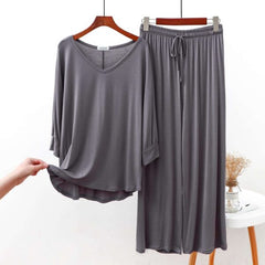 Grey Plain V Neck Shirt With Lose Style Lounge Wear (KO-NS-348)