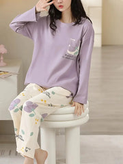 Lilac Flower Pocket Print Full Sleeves Printed Night Suit