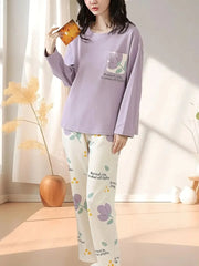 Lilac Flower Pocket Print Full Sleeves Printed Night Suit