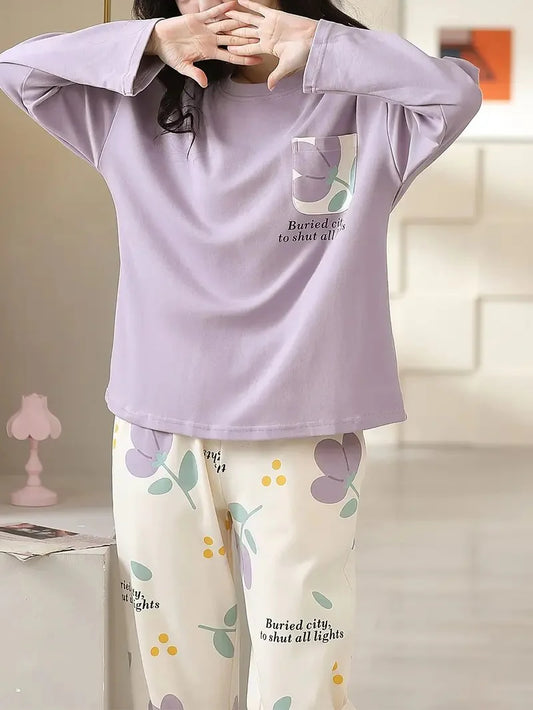Lilac Flower Pocket Print Full Sleeves Printed Night Suit