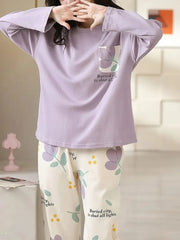 Lilac Flower Pocket Print Full Sleeves Printed Night Suit