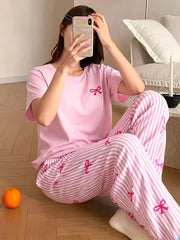 Pink Bow with Stripe Printed Half Sleeves Night Suit