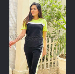 Neon Green Panel Half Sleeves Tracksuit (KO-TS-0055)