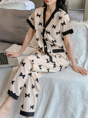Off White with Black Midnight Bow Printed Half Sleeves V-Neck Button Pjs