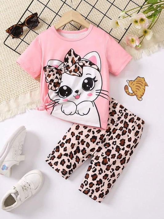 Pink Cute Kitty With Cheetha Pajama Half Sleeves Printed Kids Night Suit (KO-632)