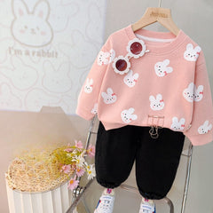 Pink with Small Rabit Sweat Shirt with Black Trouser for Kids