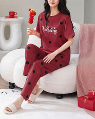 Maroon Welcome Printed Half Sleeves Printed Pjs