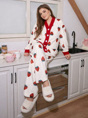 Off White With Red Strawberries Printed V Neck Button Pjs