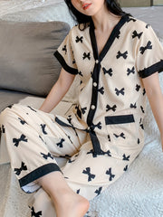 Off White with Black Midnight Bow Printed Half Sleeves V-Neck Button Pjs