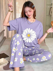 Lilac Sun Flowers Printed Half Sleeves Night Suit