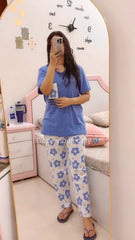 Sky Blue Pocket Flower With Flower Printed Trouser (KO-NS-504)