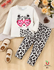 White Cute cartoon Printed with Cheetah Printed Trouser Kids Night Suit (KO-631)