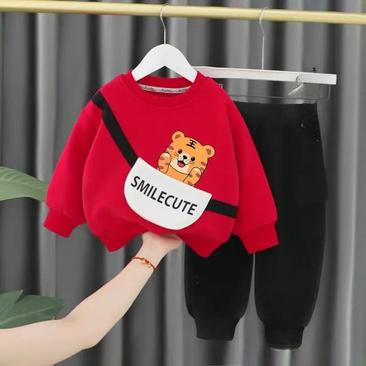 Red with Small tiger Sweat Shirt with Black Trouser for Kids