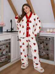 Off White With Red Strawberries Printed V Neck Button Pjs
