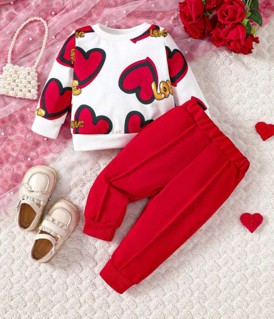 Red Love Heart Print Kids Track Suit