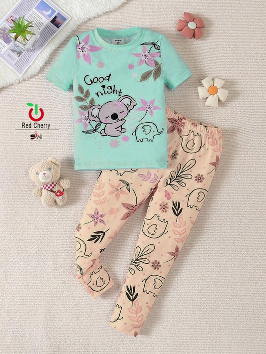 Green Good Night Floral Bear Printed Half Sleeves Tshirt with Floral Printed Trouser The Ultimate Kids Sleep Suit (KO-630)