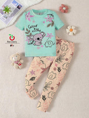 Green Good Night Floral Bear Printed Half Sleeves Tshirt with Floral Printed Trouser The Ultimate Kids Sleep Suit (KO-630)