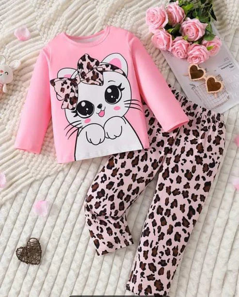 Pink Cute Kitty with cheetha pajama Printed Kids Night Suit (KO-612)