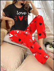Black Love Heart Printed Half Sleeves Night Suit