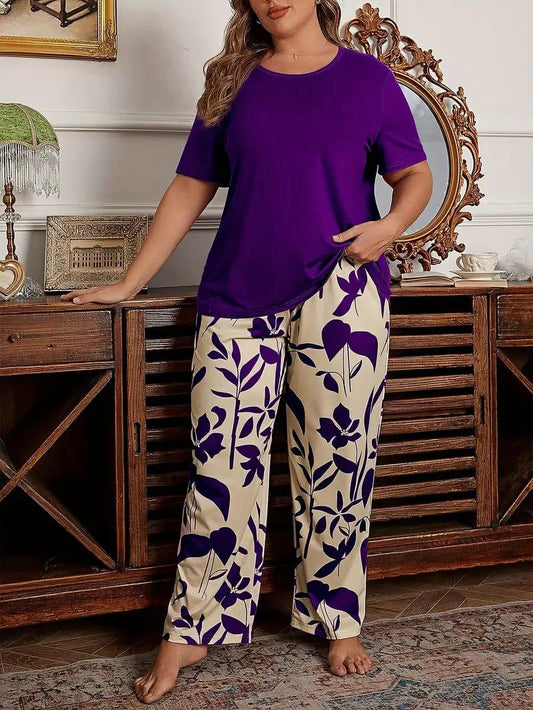 Purple Plain Half Sleeves Shirt with floral Printed pajama