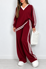 Maroon & White Double Stripe V-Neck Fleece Track Suit