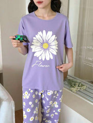 Lilac Sun Flowers Printed Half Sleeves Night Suit