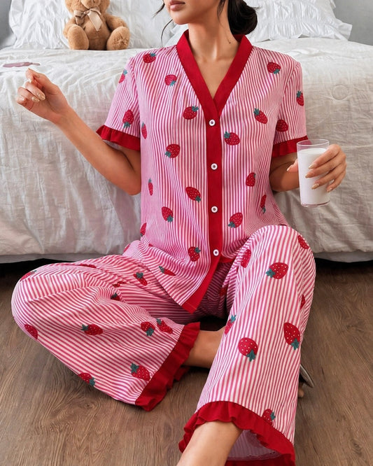 Baby Pink Strawberries with Lining Printed Half Sleeves V-Neck Button PJ Set