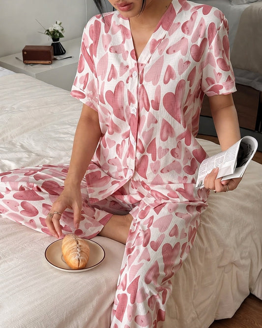 Pink Hearts Printed Half Sleeves V-Neck Button PJ Set