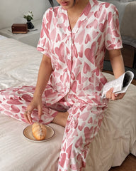 Pink Hearts Printed Half Sleeves V-Neck Button PJ Set