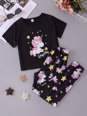 Black Unicorn Printed Half Sleeves T-shirt with unicorn Star Printed Pajama Kids Suits (KO-627)