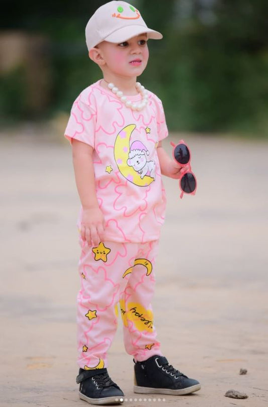 Baby Pink Moon Bear Printed Half Sleeves T-shirt with Moon Star Printed Pajama Kids Suits (KO-628)
