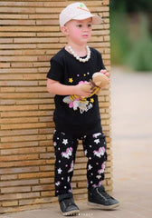 Black Unicorn Printed Half Sleeves T-shirt with unicorn Star Printed Pajama Kids Suits (KO-627)