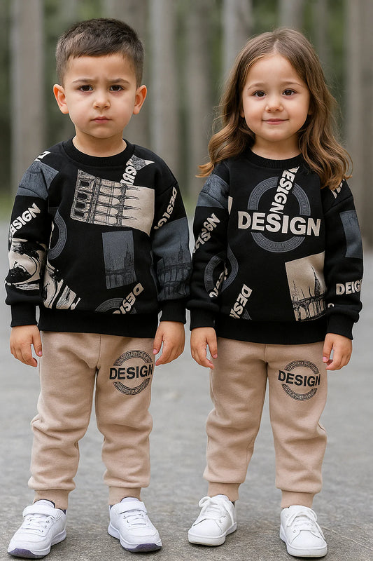 Black Desgin Printed Kids Track Suit