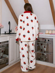 Off White With Red Strawberries Printed V Neck Button Pjs