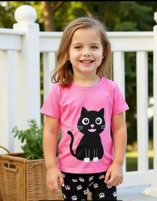 Pink With Black Cat Printed Half Sleeves Kids Night Suit