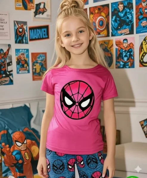Shocking Pink Spider Girl Printed Kids Night Suit