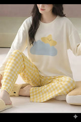 White With Cloud And Star Print Full Sleeves Night Suit