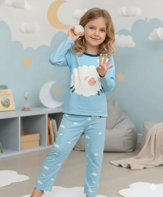Sky Blue With White Sheep Printed Kids Night Suit