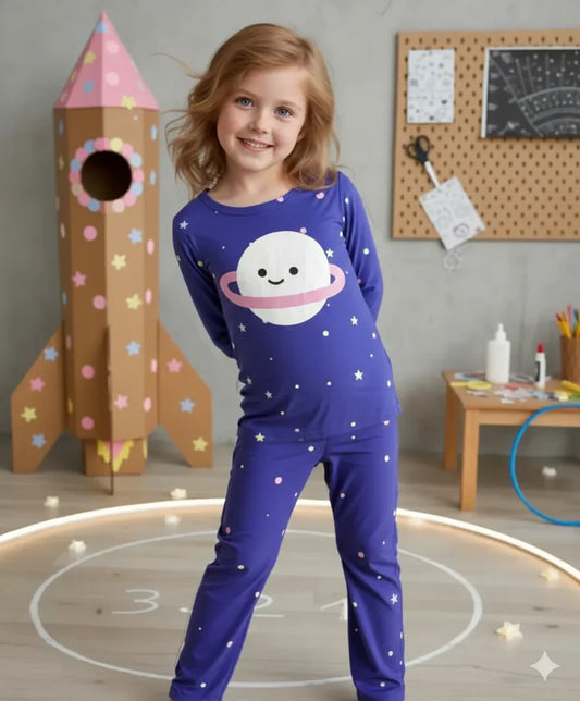 Purple Planet and Stars Printed Kids Night Suit