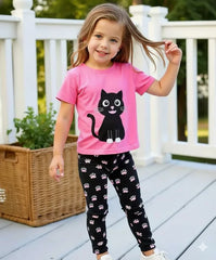 Pink With Black Cat Printed Half Sleeves Kids Night Suit