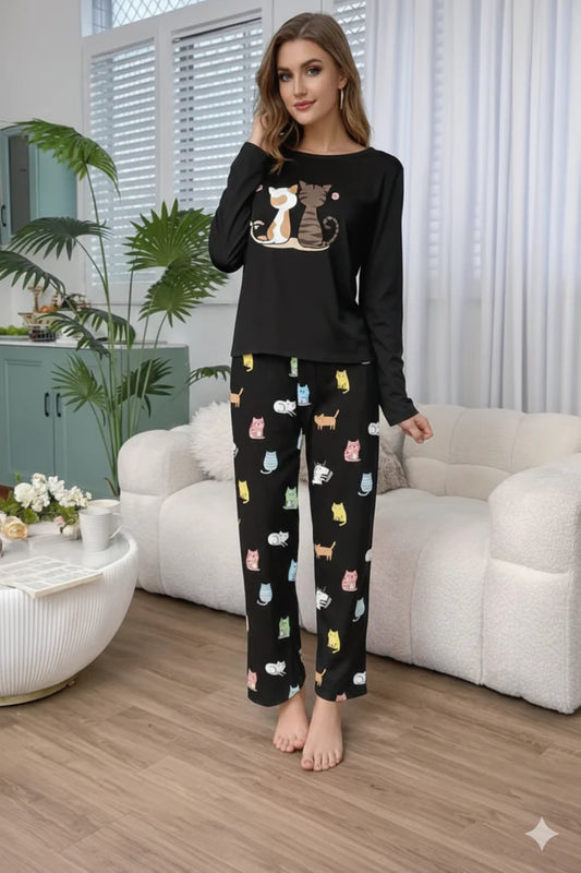 Black Cats Print Full Sleeves Night Suit