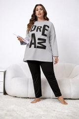 Grey Dream Printed Full Sleeves T-shirt With Black Plain Pajama Suit