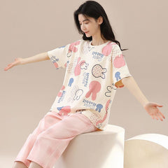 Off white Multi Cute Rabbit Printed Half Sleeves T-shirt With Printed Pajama Suit
