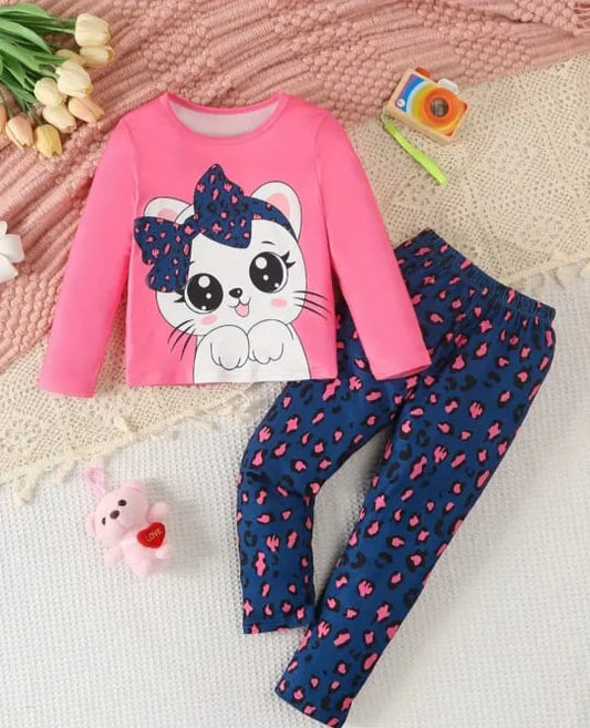 Shocking Pink Cute Kitty With Cheetha Pajama Printed Kids Night Suit (KO-624)